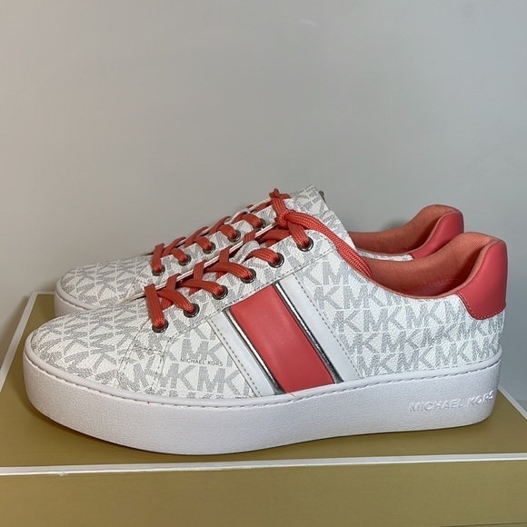 Michael Kors Poppy stripe lace up sneaker shoes bright white grapefruit color - Picture 3 of 14